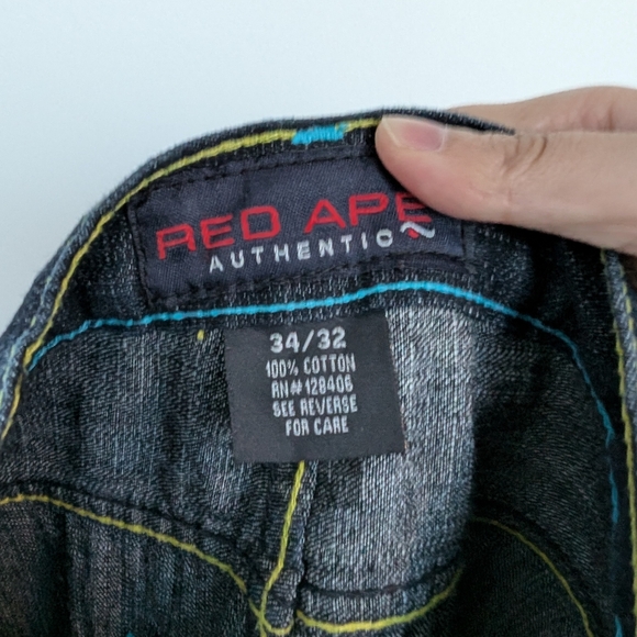 Y2K Red Ape Denim Company Contrast Stitch Patch Detail Embroidered Jeans 34x32 - Picture 16 of 16